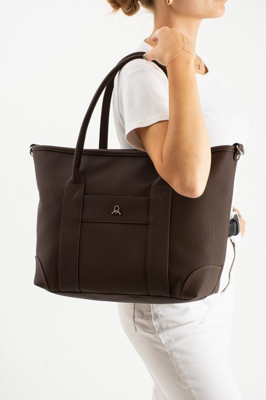 Kahverengi Büyük Boy Günlük Kadın Kol ve Omuz Çantası Lakost Deri Üç Gözlü Fermuarlı Astarlı 5452