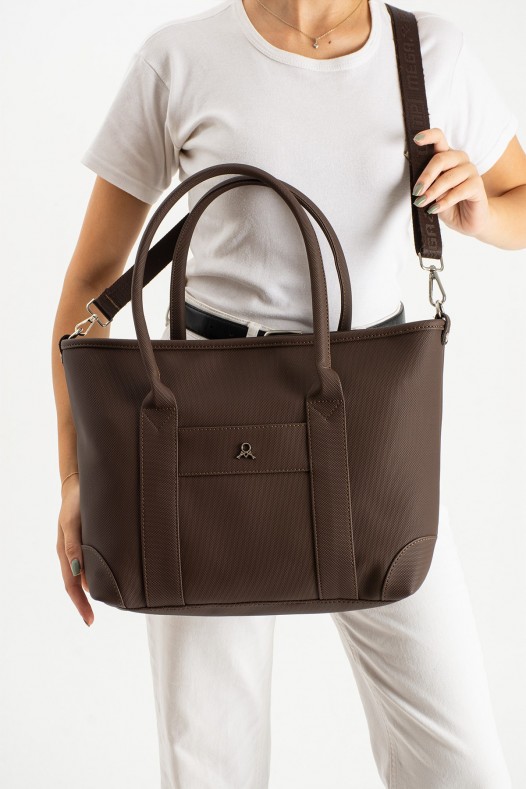 Kahverengi Büyük Boy Günlük Kadın Kol ve Omuz Çantası Lakost Deri Üç Gözlü Fermuarlı Astarlı 5452