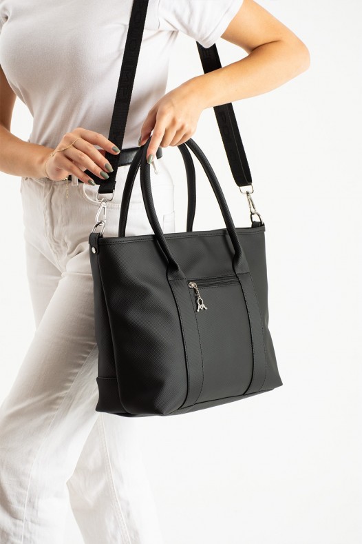 Siyah Büyük Boy Günlük Kadın Kol ve Omuz Çantası Lakost Deri Üç Gözlü Fermuarlı Astarlı 5452