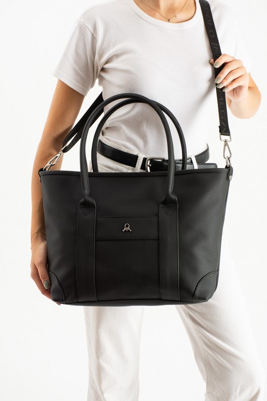 Siyah Büyük Boy Günlük Kadın Kol ve Omuz Çantası Lakost Deri Üç Gözlü Fermuarlı Astarlı 5452