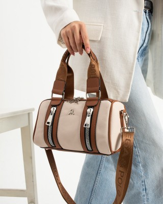 Krem Taba Orta Boy Günlük Kadın Çapraz Askılı El Omuz Çantası Lakost Deri Fermuarlı Astarlı 5456