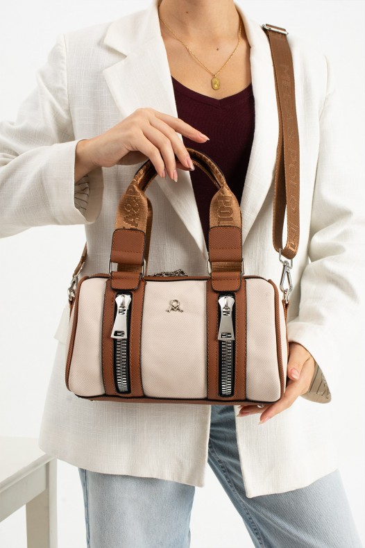 Krem Taba Orta Boy Günlük Kadın Çapraz Askılı El Omuz Çantası Lakost Deri Fermuarlı Astarlı 5456