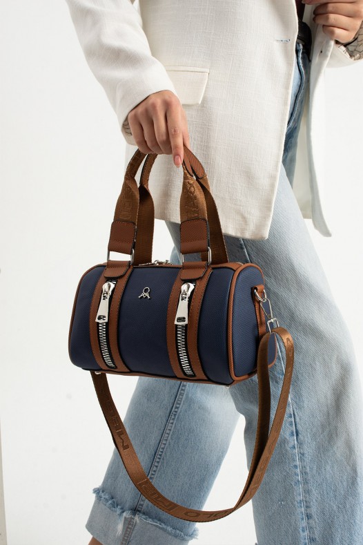 Lacivert Taba Orta Boy Günlük Kadın Çapraz Askılı El Omuz Çantası Lakost Deri Fermuarlı Astarlı 5456