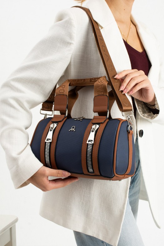 Lacivert Taba Orta Boy Günlük Kadın Çapraz Askılı El Omuz Çantası Lakost Deri Fermuarlı Astarlı 5456